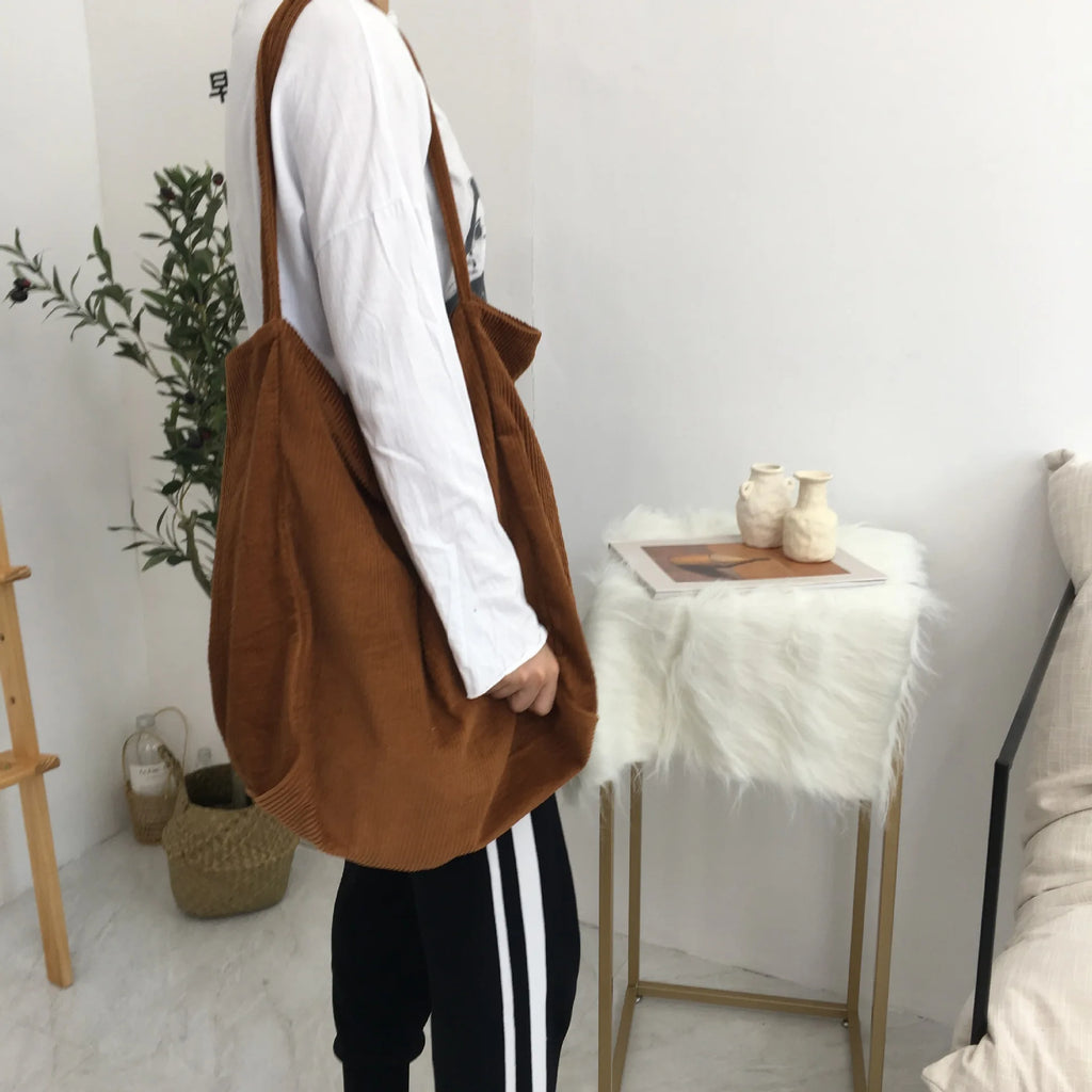 Large Capacity Canvas Shoulder Bag Corduroy Lazy Shopping Tote Bag