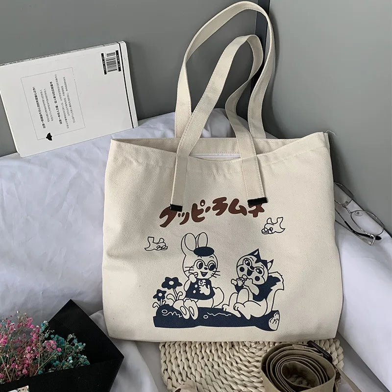 Cartoon Print Ladies Canvas Shoulder Bag Eco Reusable Women Shopper
