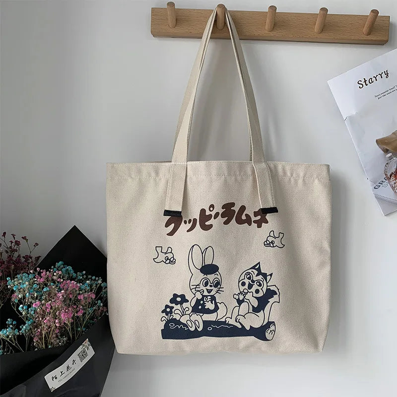 Cartoon Print Ladies Canvas Shoulder Bag Eco Reusable Women Shopper