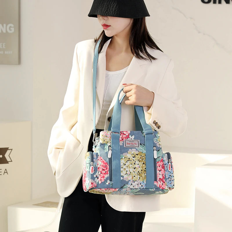 Printed Flower Women Crossbody Bag Nylon Ladies Top-Handle Bags