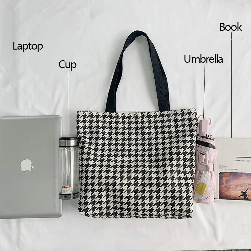 Large Capacity Houndstooth Tote Bag for Women Canvas Travel Shopper Handbag