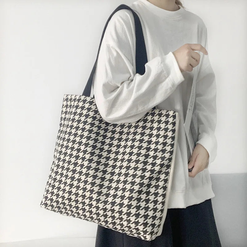 Large Capacity Houndstooth Tote Bag for Women Canvas Travel Shopper Handbag