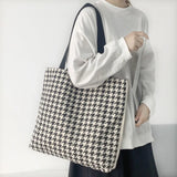 Large Capacity Houndstooth Tote Bag for Women Canvas Travel Shopper Handbag