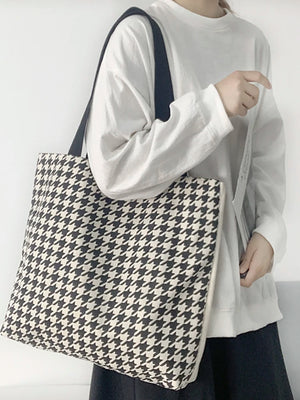 Large Capacity Houndstooth Tote Bag for Women Canvas Travel Shopper Handbag