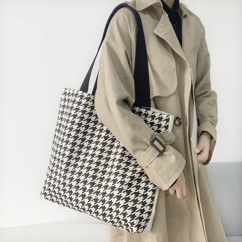 Large Capacity Houndstooth Tote Bag for Women Canvas Travel Shopper Handbag