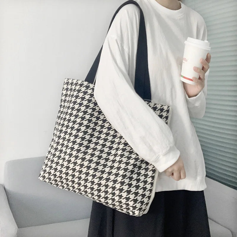 Large Capacity Houndstooth Tote Bag for Women Canvas Travel Shopper Handbag