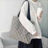 Large Capacity Houndstooth Tote Bag for Women Canvas Travel Shopper Handbag