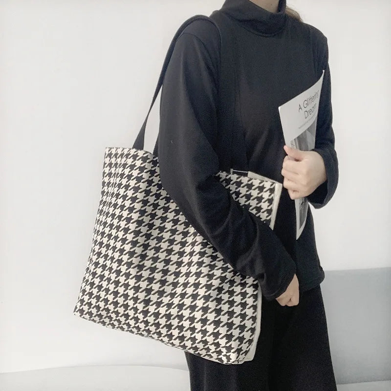Large Capacity Houndstooth Tote Bag for Women Canvas Travel Shopper Handbag