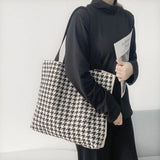 Large Capacity Houndstooth Tote Bag for Women Canvas Travel Shopper Handbag