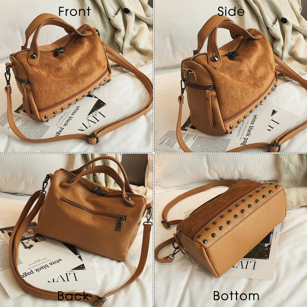 Large Capacity Tote Bags Women Top-Handle Shoulder Bags with Rivets High Leather