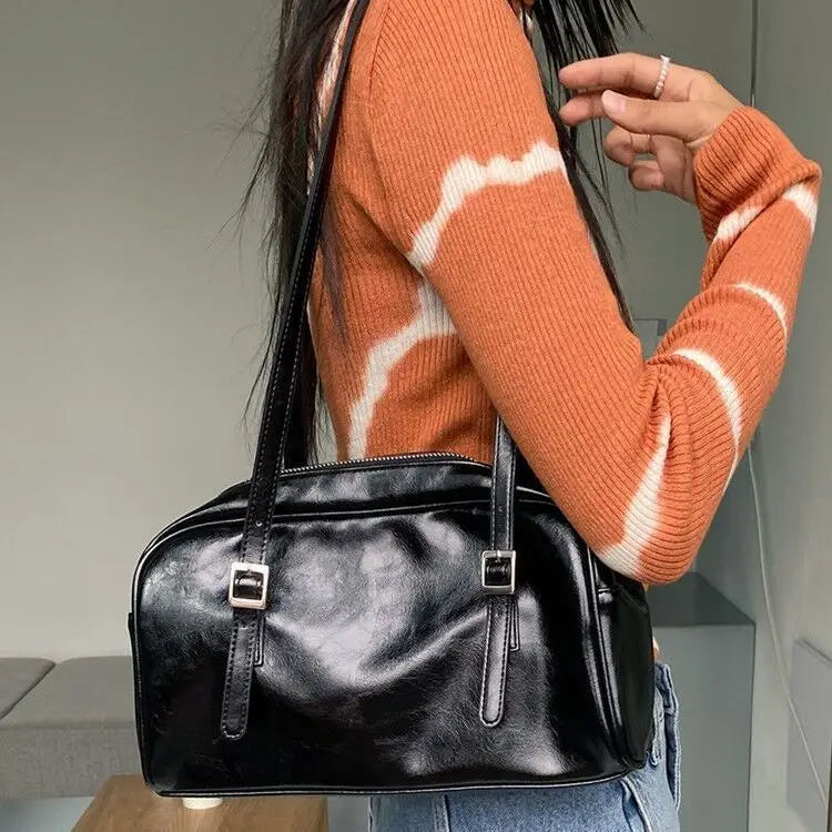 Large Capacity Women Shoulder Underarm Bag Solid PU Leather Ladies Portable Hand