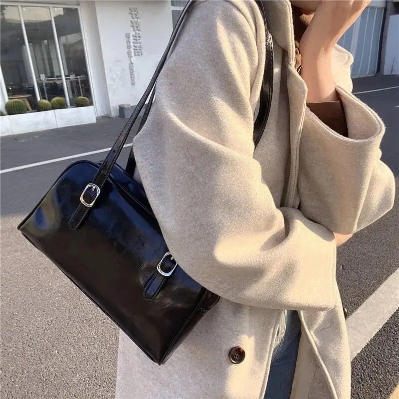Large Capacity Women Shoulder Underarm Bag Solid PU Leather Ladies Portable Hand