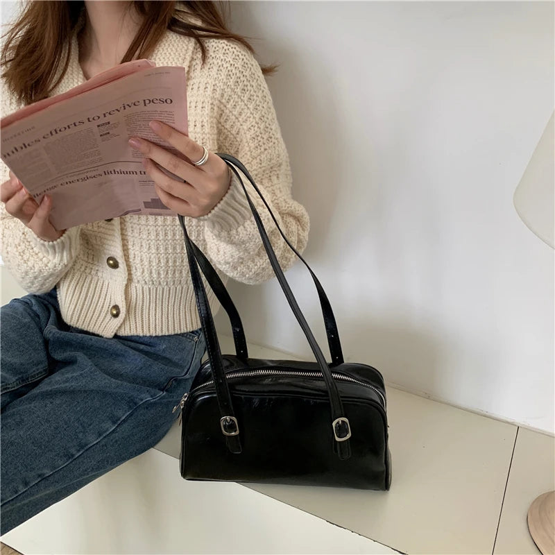 Large Capacity Women Shoulder Underarm Bag Solid PU Leather Ladies Portable Hand