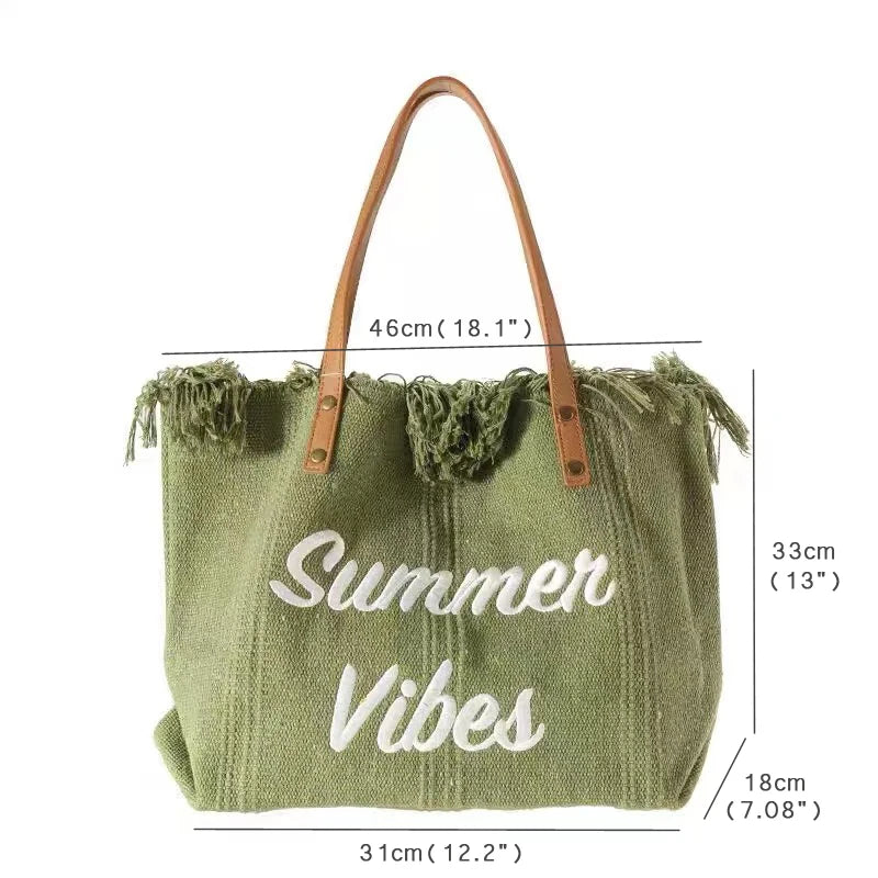 Large Capacity Tassel Shoulder Bag Cotton Canvas Handbag