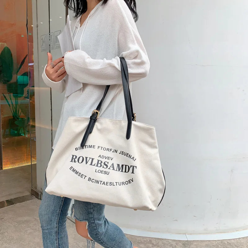 Casual Tote Bag Women Canvas Handbags Letter Print Travel Hobo Shoulder Bag