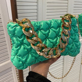 Women PU Leather Handbag Triangle Zipper Clutch Blue/Green Shoulder Bag