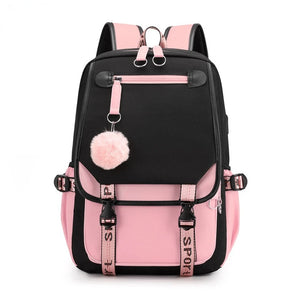 Pink Canvas School Backpack with USB Port for Teen Girls