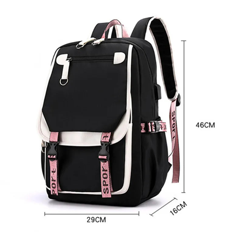 Pink Canvas School Backpack with USB Port for Teen Girls