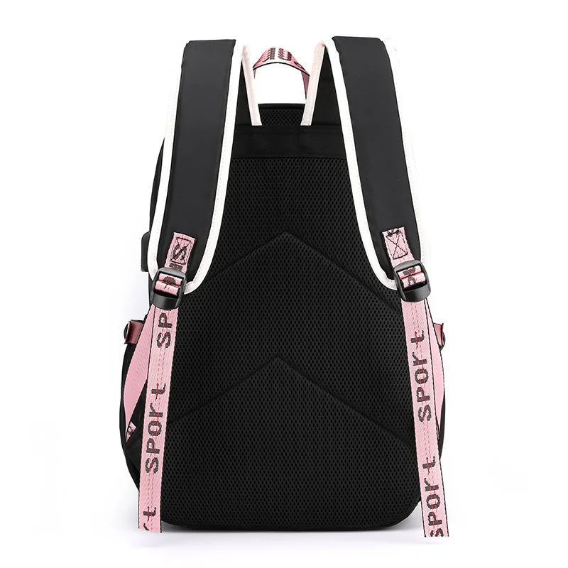 Pink Canvas School Backpack with USB Port for Teen Girls
