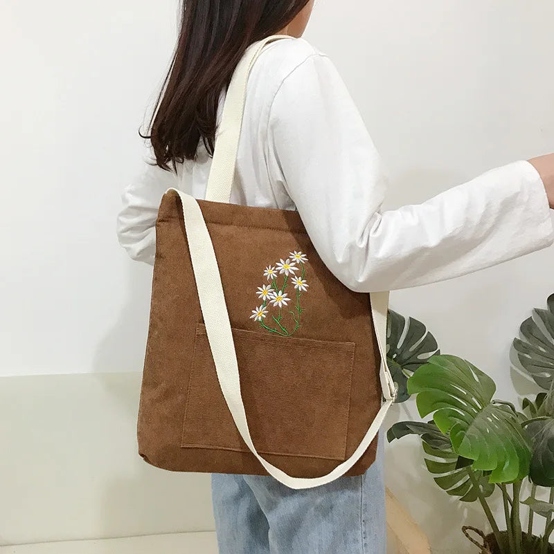 Women Canvas Tote Shopping Bag Corduroy Handbag Crossbody Book Bag