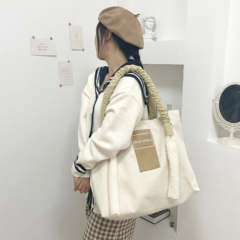 Canvas Shoulder Bag Casual Letter Handbag Large Capacity
