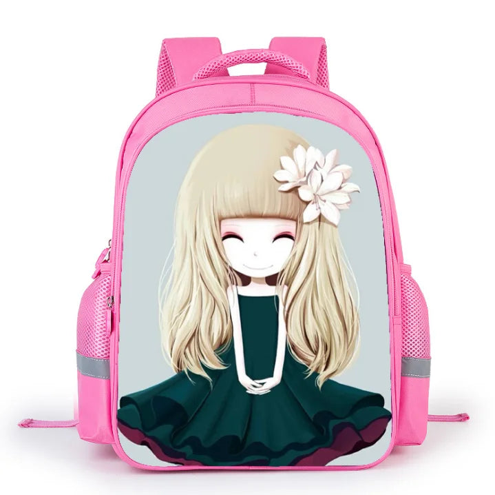 Pink Cartoon Girl Pattern School Bag Lightweight Breathable Backpack