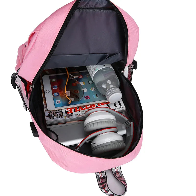 Pink Canvas School Bag with USB Port for Teen Girls