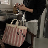 Striped Canvas Tote Bag - Large Capacity