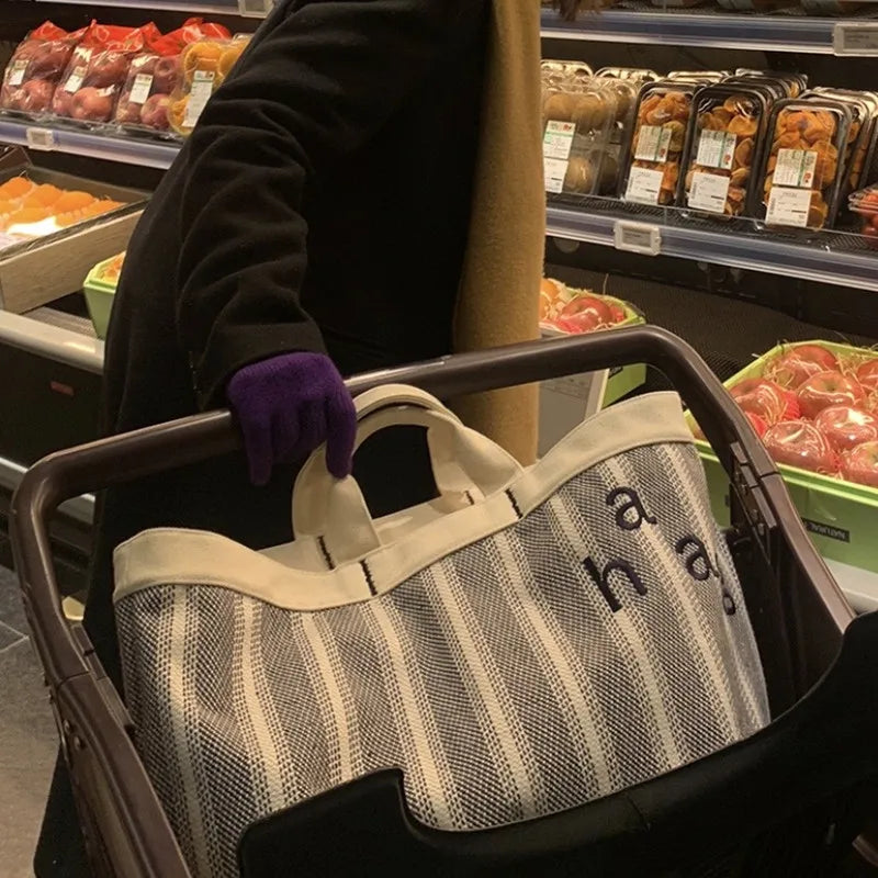 Striped Canvas Tote Bag - Large Capacity