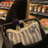 Striped Canvas Tote Bag - Large Capacity