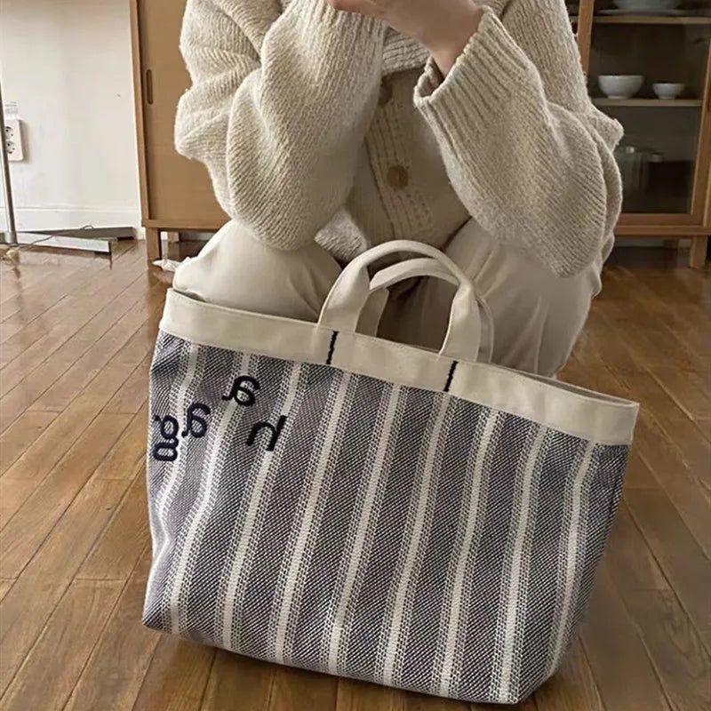 Striped Canvas Tote Bag - Large Capacity
