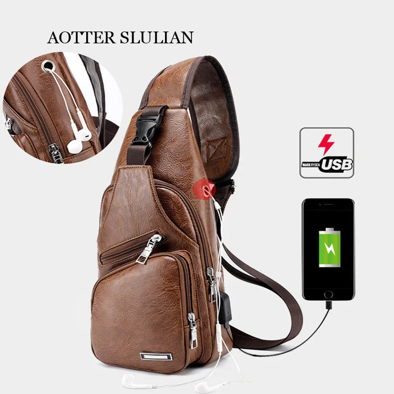 Men's Leather Chest Bag Messenger Shoulder Multi-Functional Crossbody Pouch