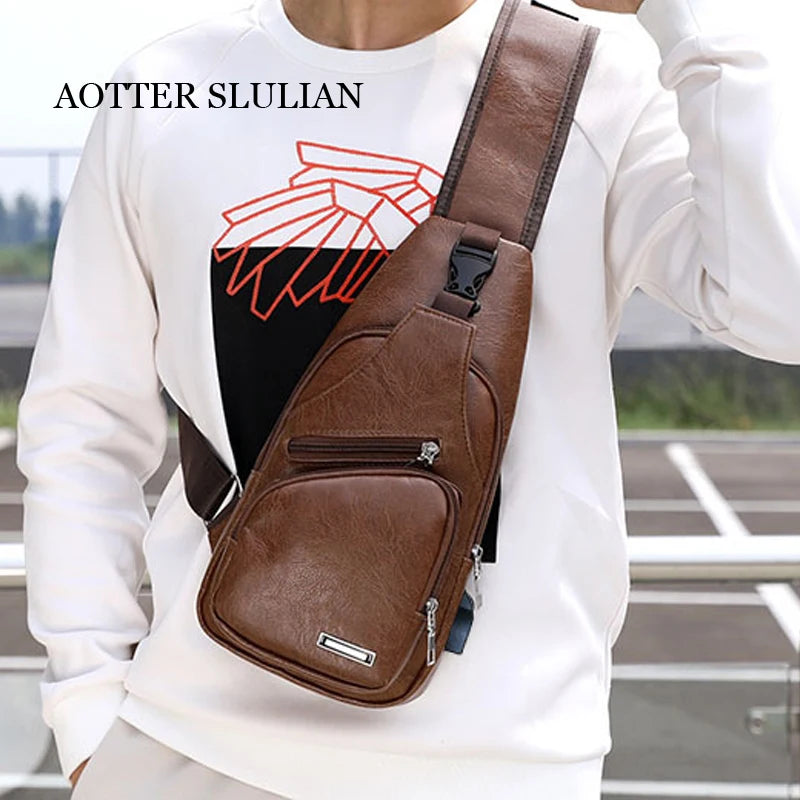Men's Leather Chest Bag Messenger Shoulder Multi-Functional Crossbody Pouch