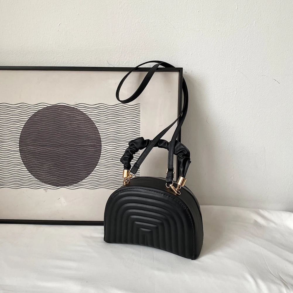 Leather Shoulder Handbag Women Semicircle Pleated Niche Crossbody Bag