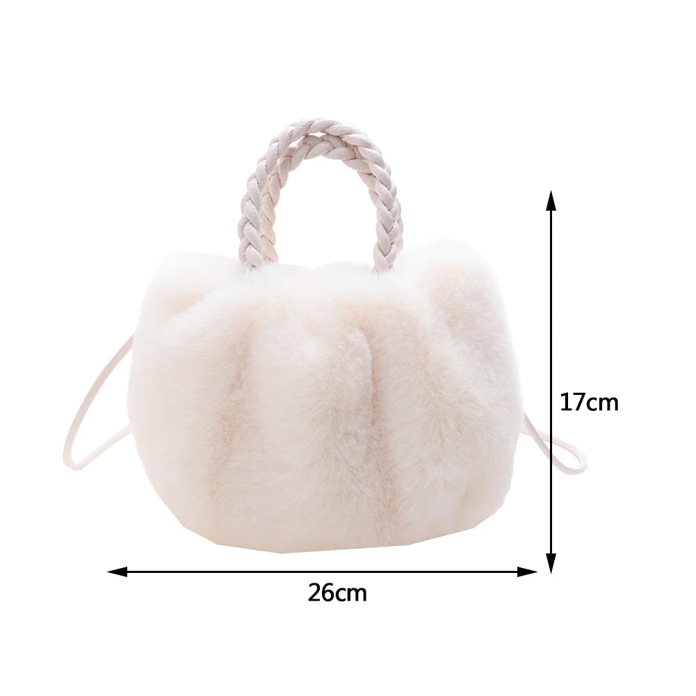 Leather Weave Handle Plush Handbag Fluffy Soft Tote Bag Purse Women's Clutch