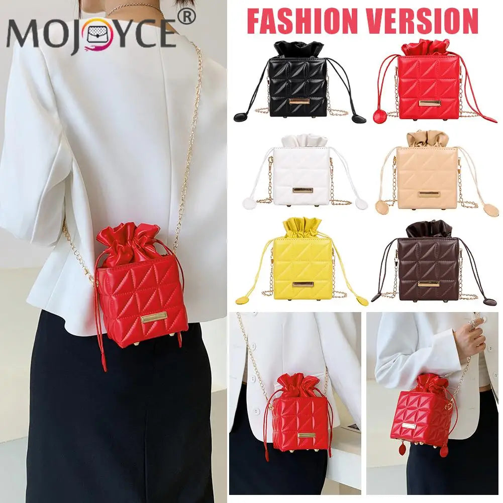 Geometric Embossed Messenger Bag Women PU Square Box Shape Drawstring Handbags