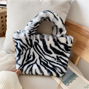 Leopar Chains Fur Plush Women Female Winter Handbags Messenger Soft Warm B001