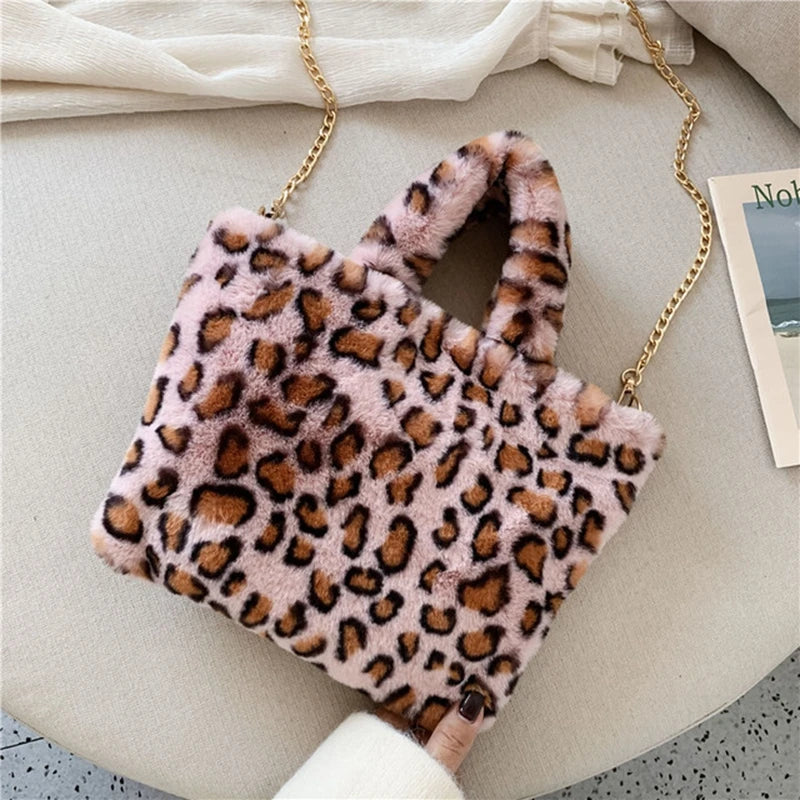 Leopar Chains Fur Plush Women Female Winter Handbags Messenger Soft Warm B001