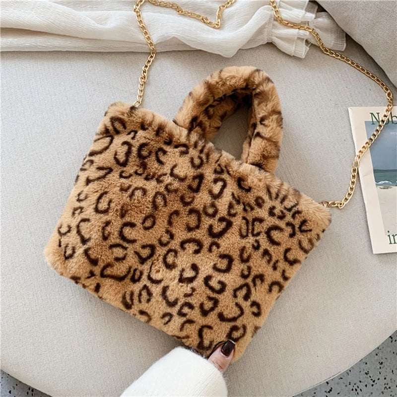 Leopar Chains Fur Plush Women Female Winter Handbags Messenger Soft Warm B001