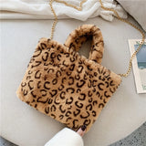 Leopar Chains Fur Plush Women Female Winter Handbags Messenger Soft Warm B001