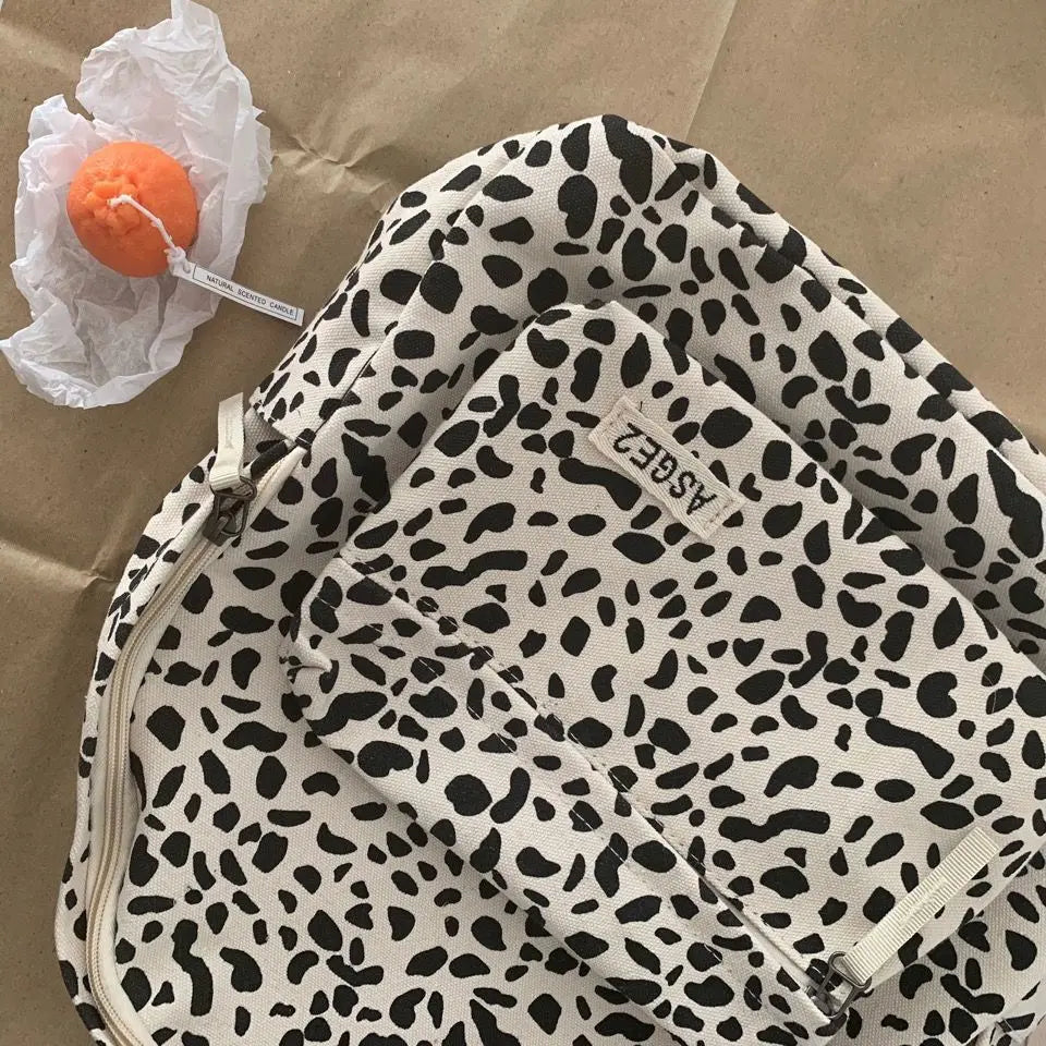 Leopard Backpacks Women Japan Preppy Style Zipper Large Capacity Canvas Bag