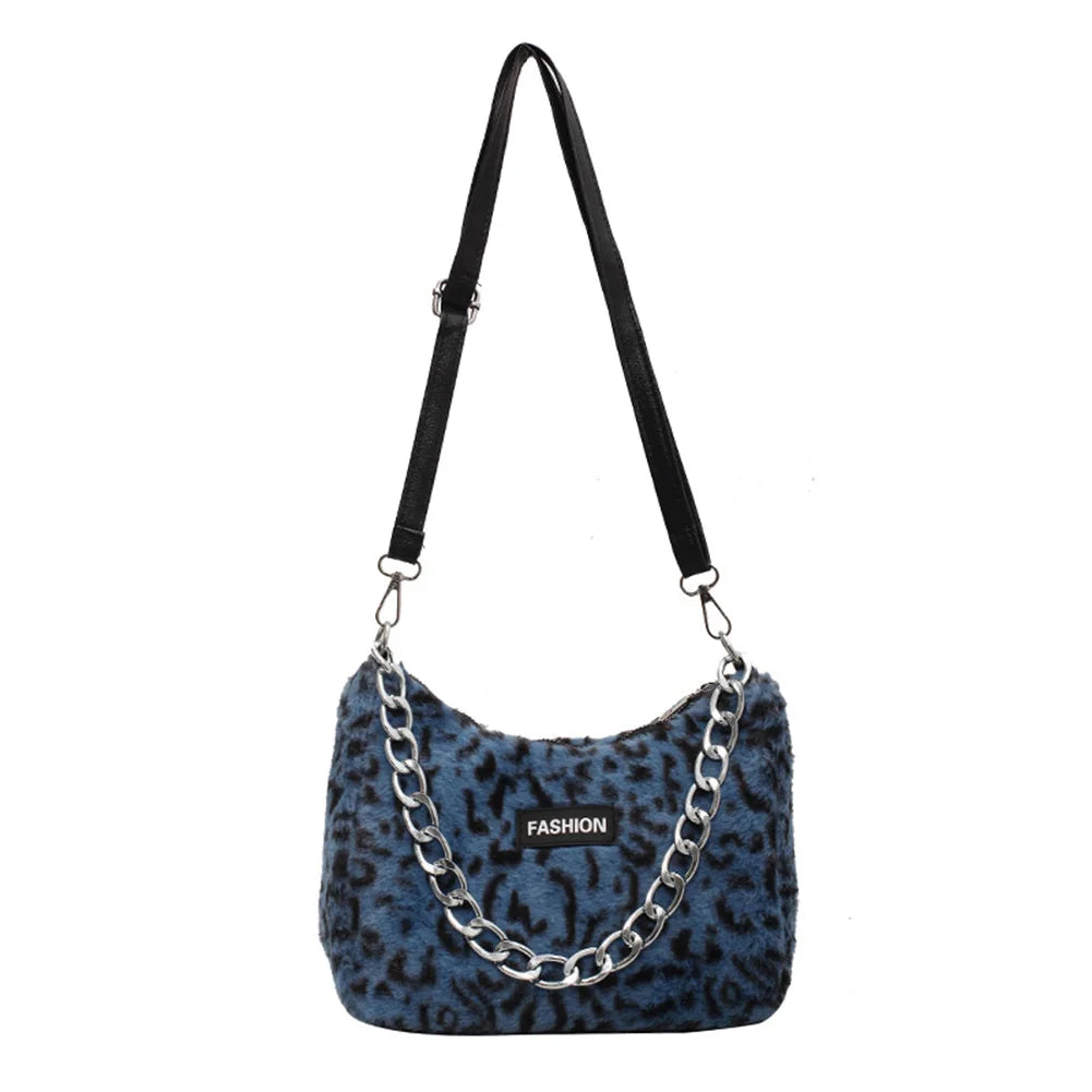 Leopard Bag Women Winter Plush Shoulder Messenger Bag Ladies Warm Large Tote