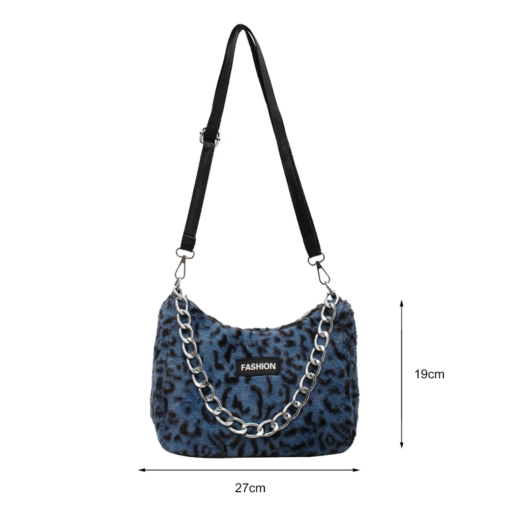 Leopard Plush Shoulder Bag Women Winter Messenger Chain Handbag