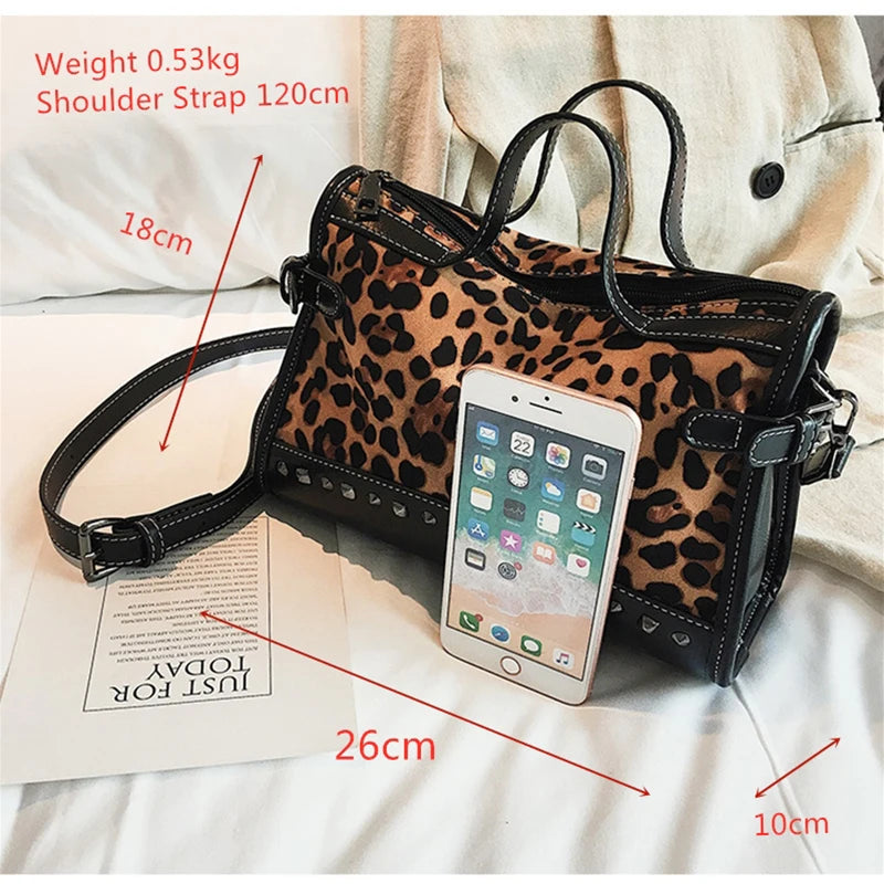 Leopard Pattern Boston Handbag Leather Shoulder Messenger Bag Zipper Rivets