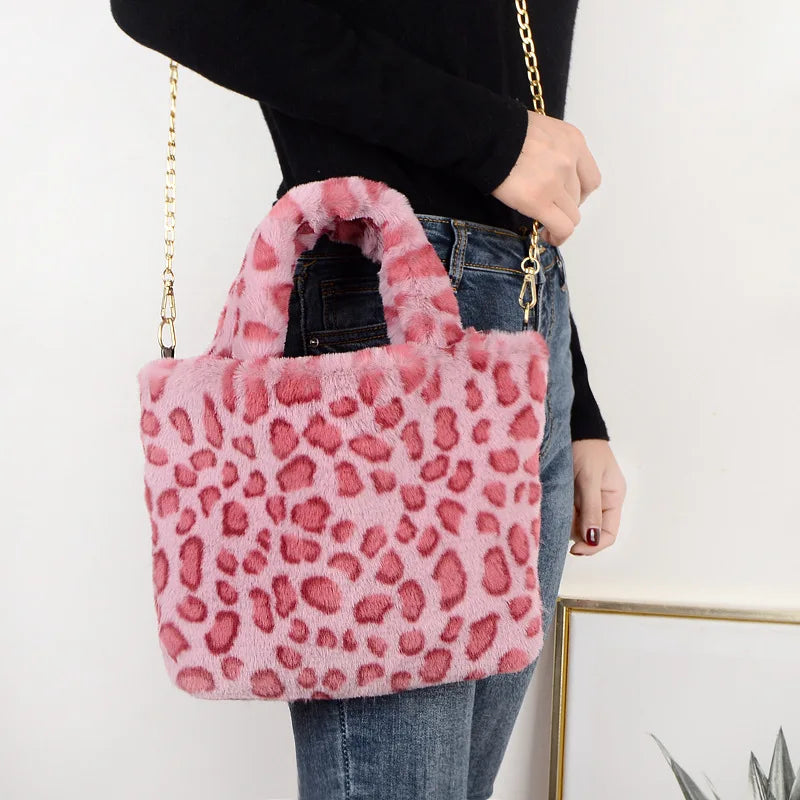 Leopard Pattern Soft Plush Shoulder Bag Winter Faux Fur Small Tote Handbags
