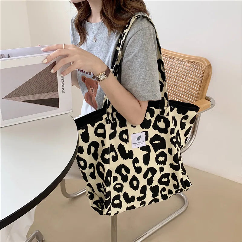 Leopard Print Tote Bag for Women Large Capacity Canvas Shoulder Handbags
