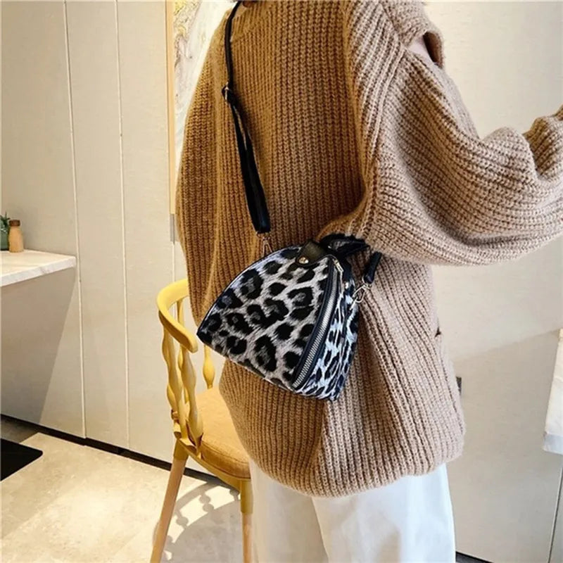 Leopard Print Women Shoulder Bag PU Leather Triangle Mini B