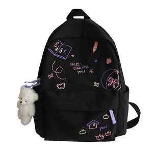 Letter Embroidery School Backpack For Teenage Girls Waterproof Nylon Bagpack
