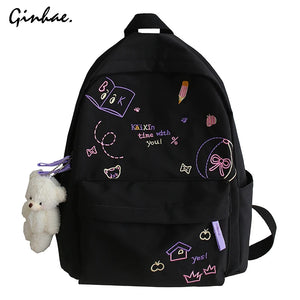 Letter Embroidery School Backpack For Teenage Girls Waterproof Nylon Bagpack