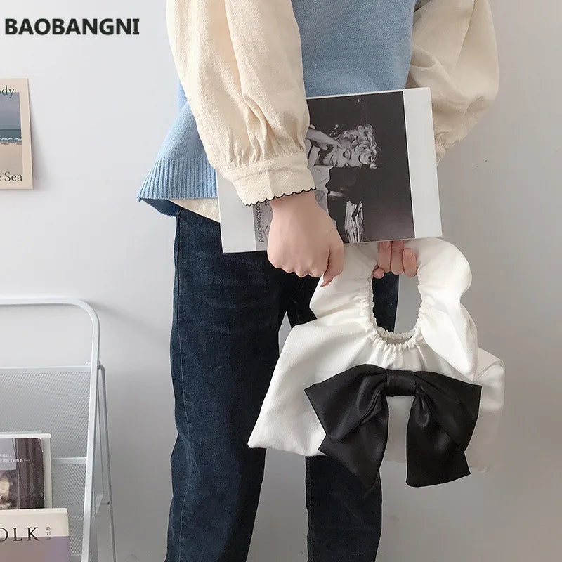 Bowknot Canvas Shoulder Bag Small Clutch Purse Handbag Girls Student Tote